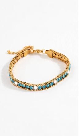 Gold Cuban Aqua Blue Teal Bracelet  With Sparkle Stones