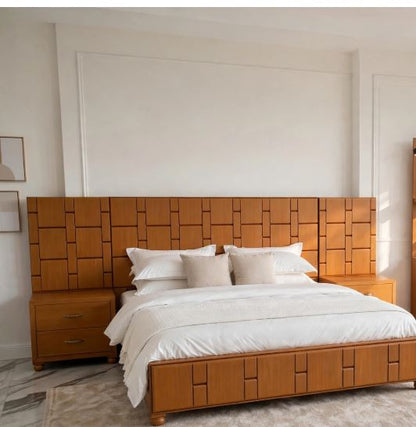 Honey Wood With 3D Brick Square Pattern Bed Frame With 2 Side Tables