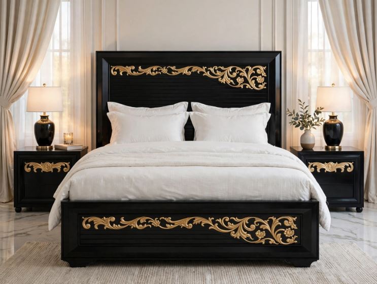 Glossy Black Polish With Golden Floral Carvings Bed Frame With 2 Side Tables