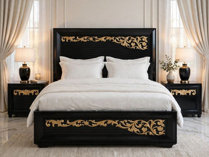 Glossy Black Polish With Golden Floral Carvings Bed Frame With 2 Side Tables