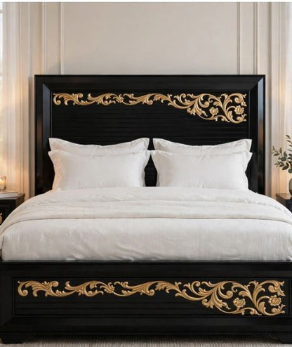 Glossy Black Polish With Golden Floral Carvings Bed Frame With 2 Side Tables