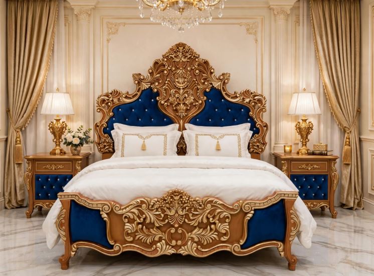 Royal Blue Velvet With Heavy Gold Baroque Carving Bed Frame With 2 Side Tables