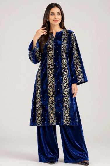 Royal Blue Velvet With Gold Paisley Panels Unstitched 2 pc Suit