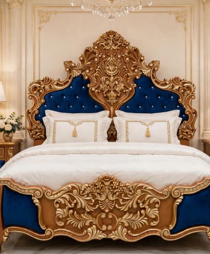Royal Blue Velvet With Heavy Gold Baroque Carving Bed Frame With 2 Side Tables