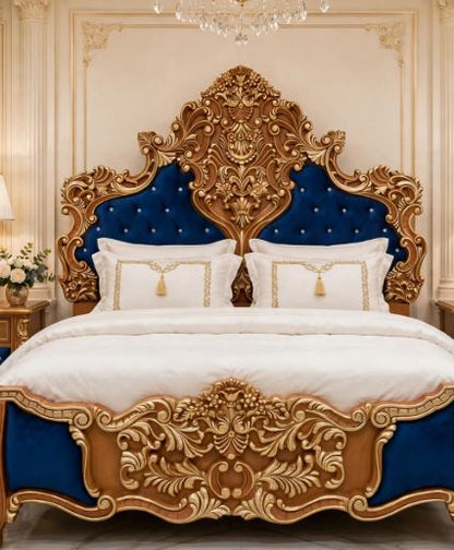 Royal Blue Velvet With Heavy Gold Baroque Carving Bed Frame With 2 Side Tables