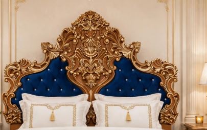 Royal Blue Velvet With Heavy Gold Baroque Carving Bed Frame With 2 Side Tables