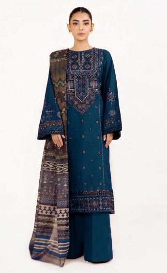 Blue Embroidered Dhanak 3pc Unstitched suit With Printed Wool Shawl
