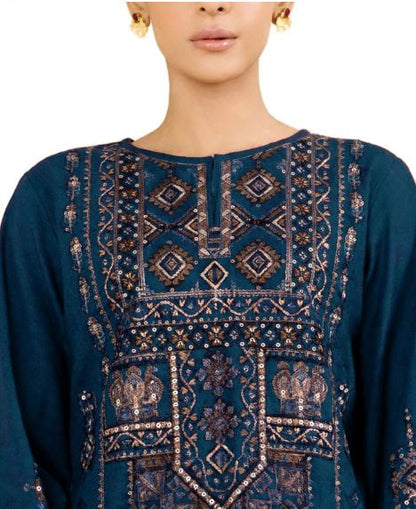 Blue Embroidered Dhanak 3pc Unstitched suit With Printed Wool Shawl