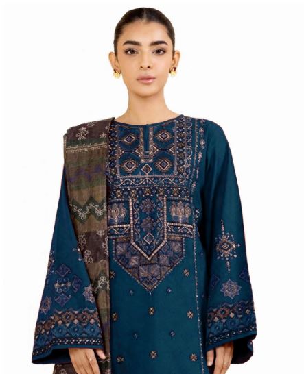 Blue Embroidered Dhanak 3pc Unstitched suit With Printed Wool Shawl