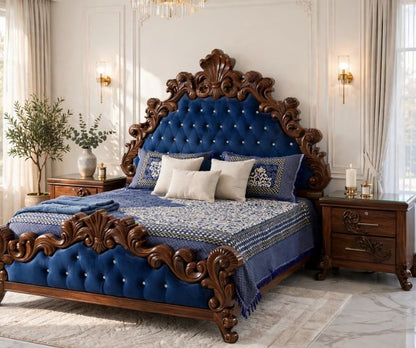 Heavy Dark Walnut Crown Carving With Royal Blue Velvet Tufted Bed Frame With 2 Side Tables