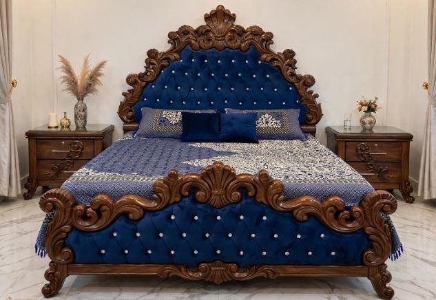 Heavy Dark Walnut Crown Carving With Royal Blue Velvet Tufted Bed Frame With 2 Side Tables