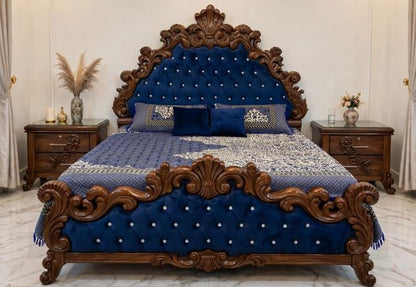 Heavy Dark Walnut Crown Carving With Royal Blue Velvet Tufted Bed Frame With 2 Side Tables