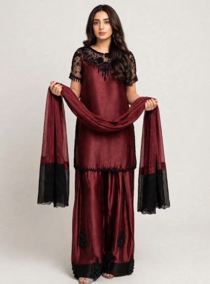 Maroon Satin Black Embroidered With Sheer Sleeves Black Motifs Unstitched 3 Pc Suit
