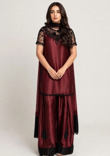 Maroon Satin Black Embroidered With Sheer Sleeves Black Motifs Unstitched 3 Pc Suit