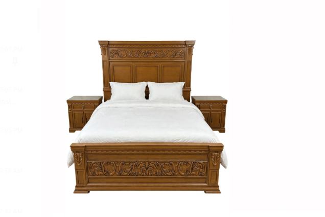 Brown Walnut Wood With Floral Carving Bed Frame With 2 Side Tables