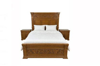 Brown Walnut Wood With Floral Carving Bed Frame With 2 Side Tables