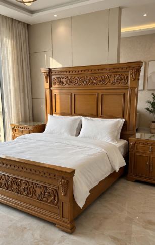Brown Walnut Wood With Floral Carving Bed Frame With 2 Side Tables