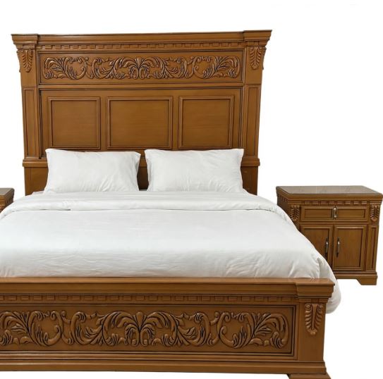 Brown Walnut Wood With Floral Carving Bed Frame With 2 Side Tables