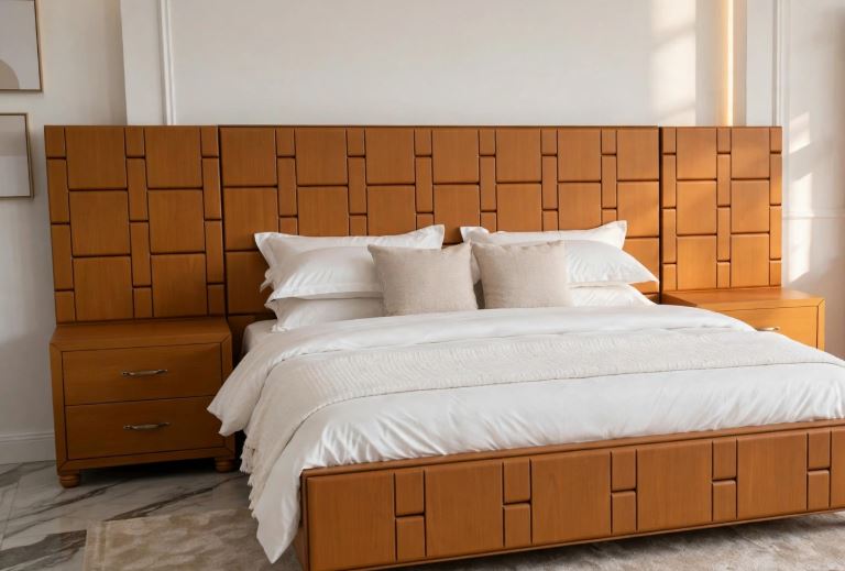 Honey Wood With 3D Brick Square Pattern Bed Frame With 2 Side Tables