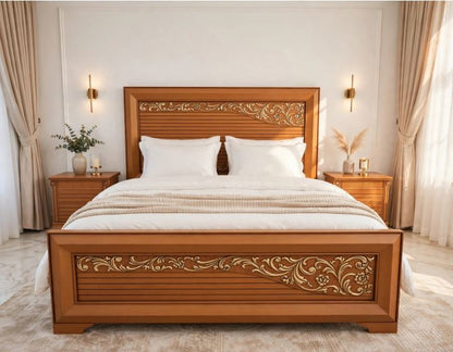 Honey Wood With Horizontal Slat Lines - Golden Floral Carvings Bed Frame With 2 Side Tables