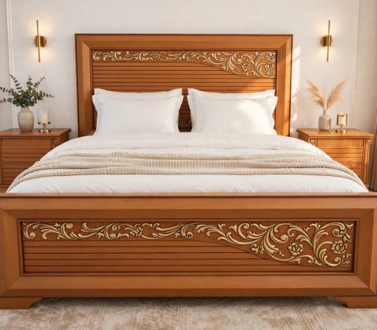 Honey Wood With Horizontal Slat Lines - Golden Floral Carvings Bed Frame With 2 Side Tables