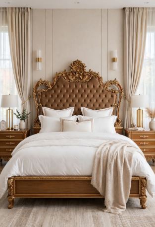 Brown Camel Velvet Tufting With Gold Crown Top Bed Set With 2 Side Tables