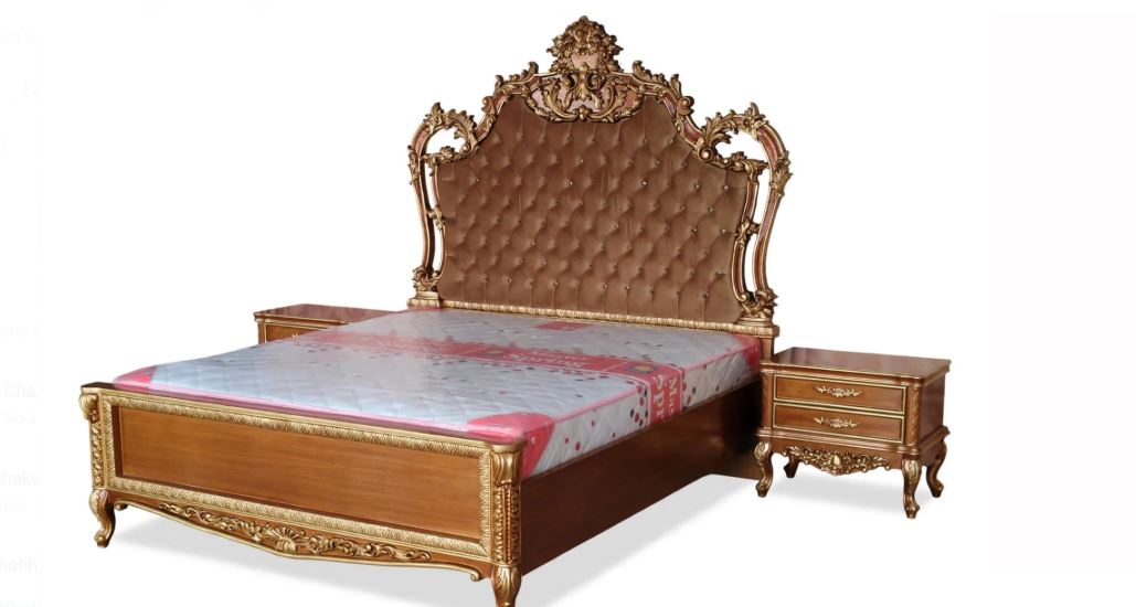 Brown Camel Velvet Tufting With Gold Crown Top Bed Set With 2 Side Tables