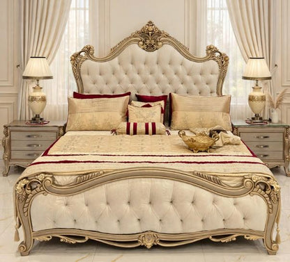 Cream Tufted With Gold Antique Carving Crown Bed Set With 2 Side Tables