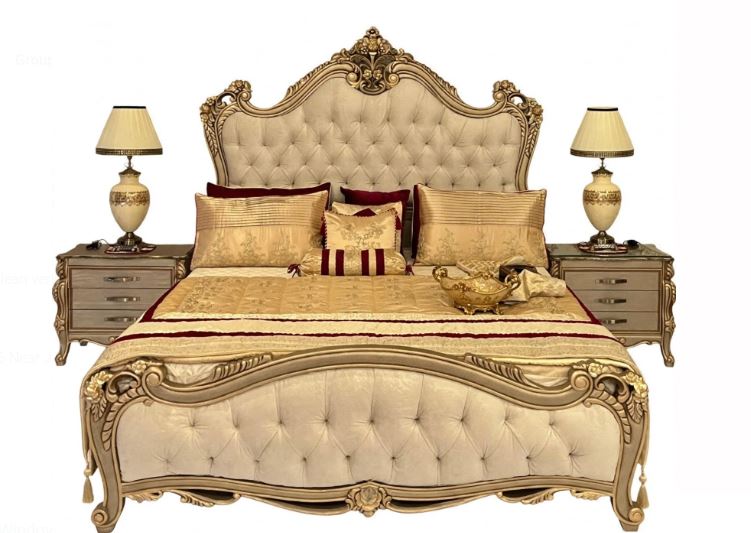 Cream Tufted With Gold Antique Carving Crown Bed Set With 2 Side Tables