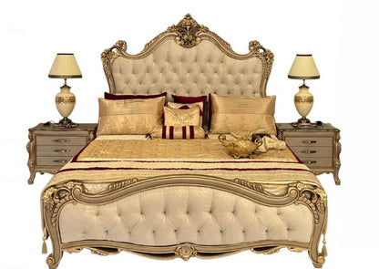 Cream Tufted With Gold Antique Carving Crown Bed Set With 2 Side Tables