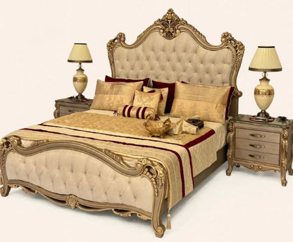 Cream Tufted With Gold Antique Carving Crown Bed Set With 2 Side Tables