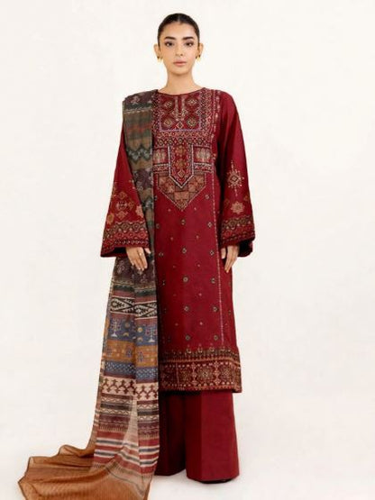 Maroon Embroidered Dhanak 3 pc Unstitched Suit With Geometric Neckline- Printed Wool Shawl