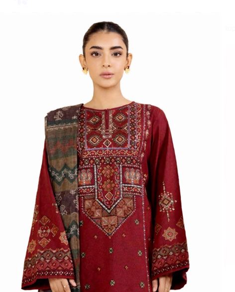 Maroon Embroidered Dhanak 3 pc Unstitched Suit With Geometric Neckline- Printed Wool Shawl
