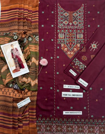 Maroon Embroidered Dhanak 3 pc Unstitched Suit With Geometric Neckline- Printed Wool Shawl