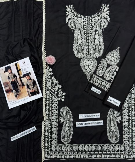 Black Dhanak With Beige Embroidered Neckline- daman 3Pc Unstitched With Wool Shawl