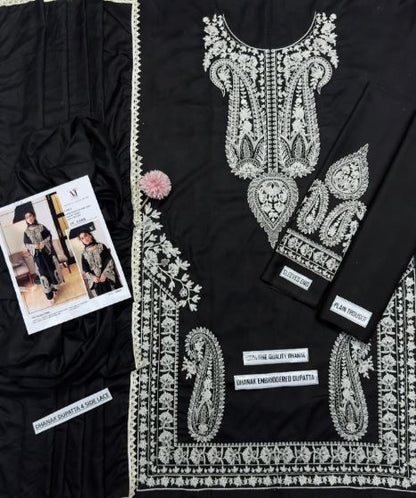 Black Dhanak With Beige Embroidered Neckline- daman 3Pc Unstitched With Wool Shawl