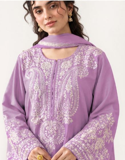 Lavender Purple Dhanak With Creamy Paisely Embroidered Unstitched 3Pc With Shawl