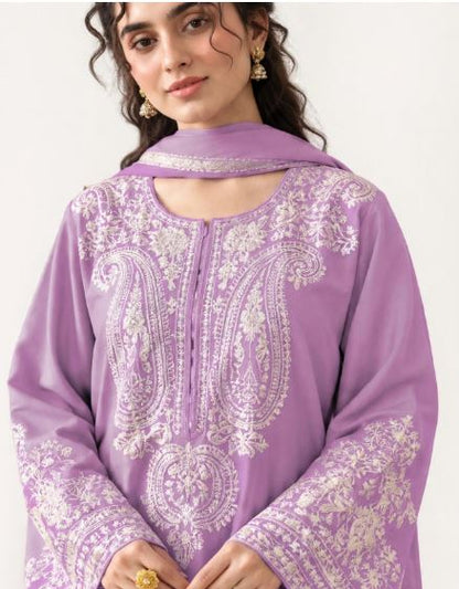 Lavender Purple Dhanak With Creamy Paisely Embroidered Unstitched 3Pc With Shawl