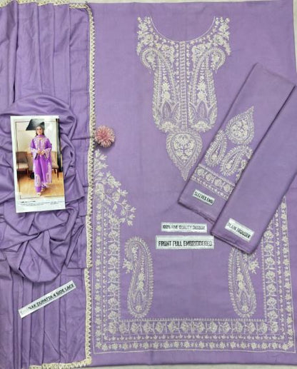 Lavender Purple Dhanak With Creamy Paisely Embroidered Unstitched 3Pc With Shawl