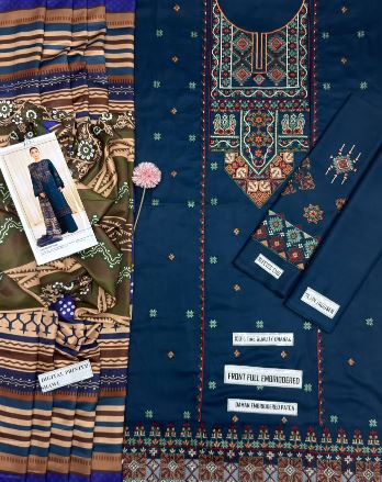 Blue Embroidered Dhanak 3pc Unstitched suit With Printed Wool Shawl