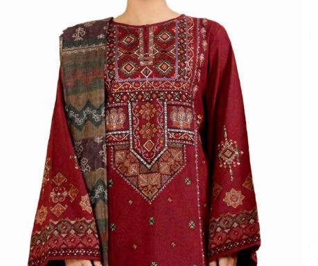 Maroon Embroidered Dhanak 3 pc Unstitched Suit With Geometric Neckline- Printed Wool Shawl