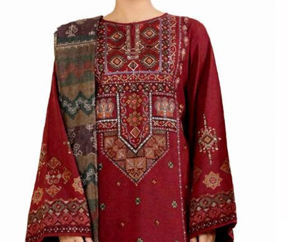 Maroon Embroidered Dhanak 3 pc Unstitched Suit With Geometric Neckline- Printed Wool Shawl