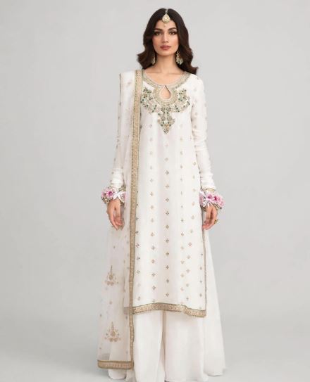 White Royal Organza Heavy Embroidered With Gold Zari Unstitched 3pc Suit