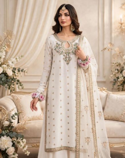 White Royal Organza Heavy Embroidered With Gold Zari Unstitched 3pc Suit