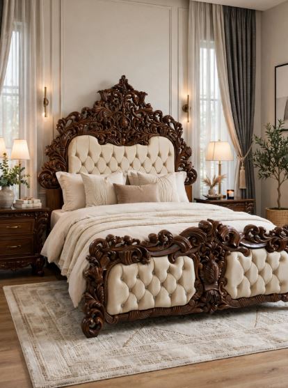 Dark Walnut Heavy Floral Crown With Tufted With Cream Beige Bed Set With 2 Side Tables
