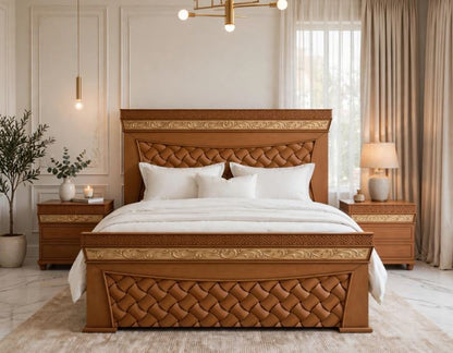 Light Brown Honey Polish With 3D Woven Pattern - Gold Floral Border Bed Frame With 2 side Tables