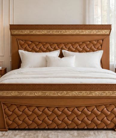 Light Brown Honey Polish With 3D Woven Pattern - Gold Floral Border Bed Frame With 2 side Tables