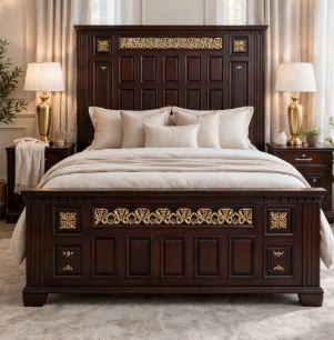 Dark Mahogany Wood With Square Golden Floral Strips Bed Set With 2 Side Tables