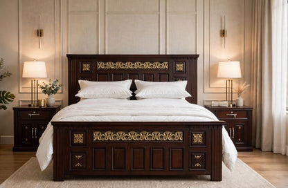 Dark Mahogany Wood With Square Golden Floral Strips Bed Set With 2 Side Tables