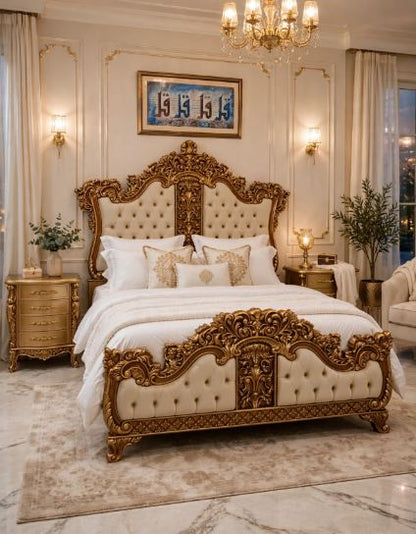 Cream Beige Diamond Tufting With Golden Floral Crown Carving Bed Set With 2 Side Tables